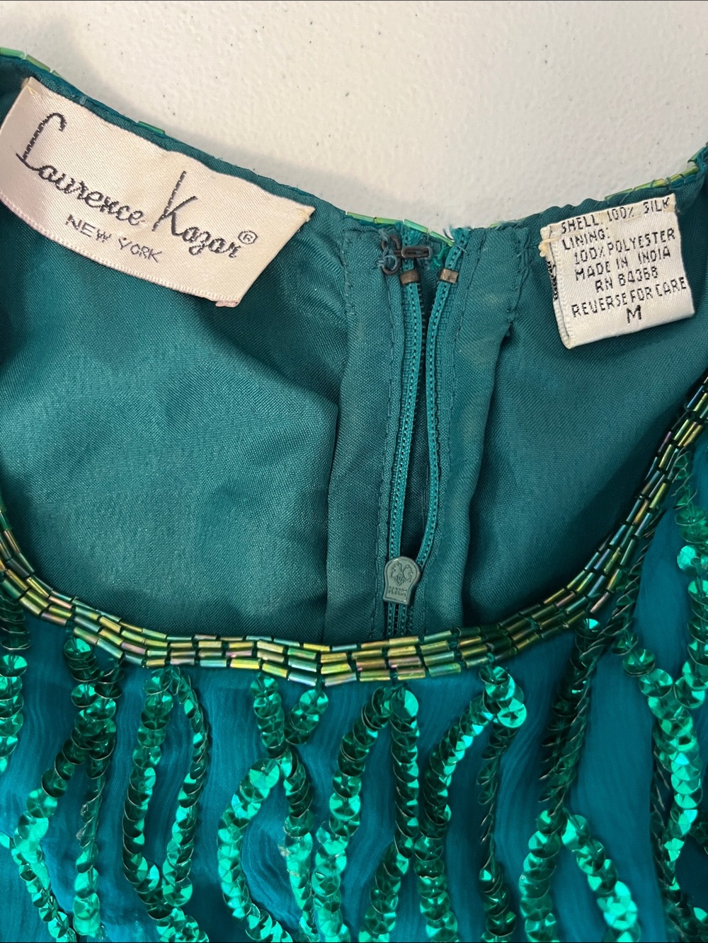 Laurence Kazar New York Emerald Green Silk Dress with Beading and Sequins - Picture 9 of 11